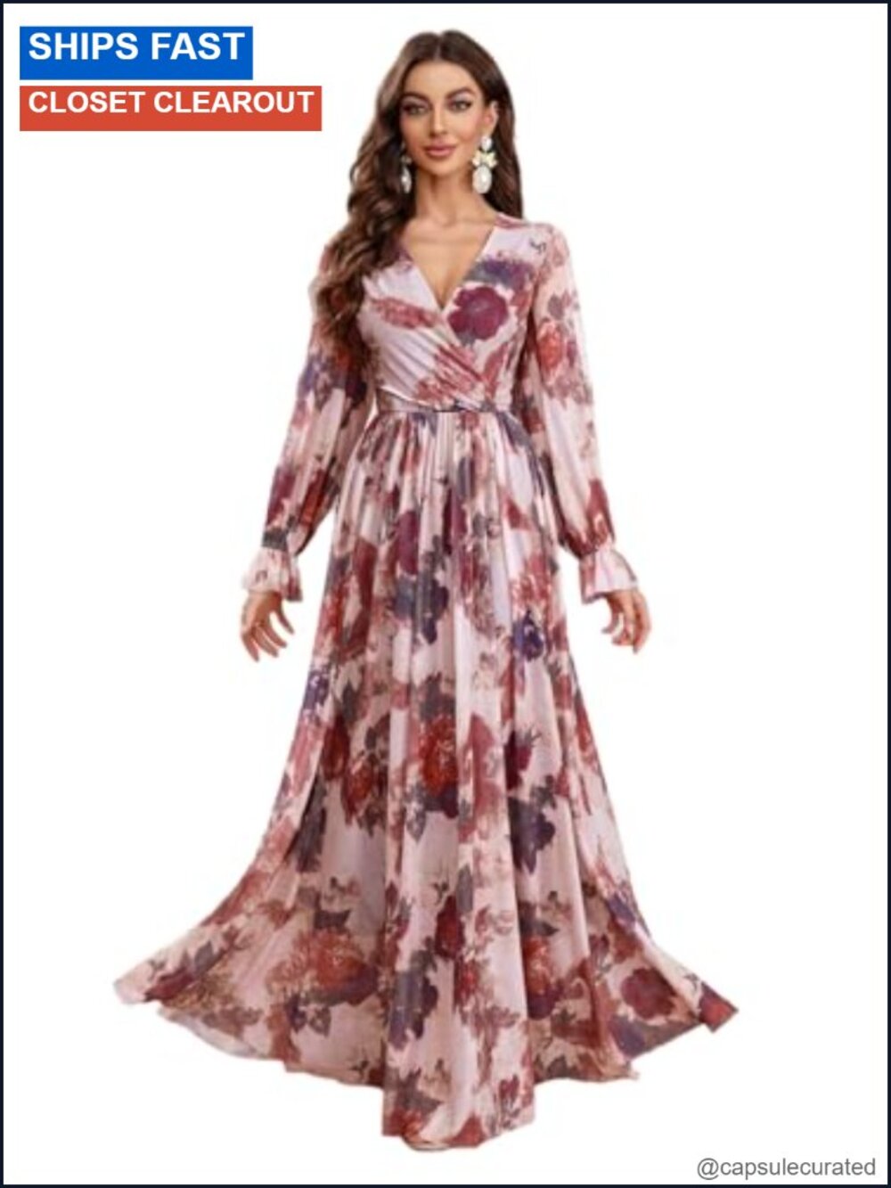 Boho V Neck Long Sleeve Ruffle Floral Print Maxi Dress - Women's Casual Summer